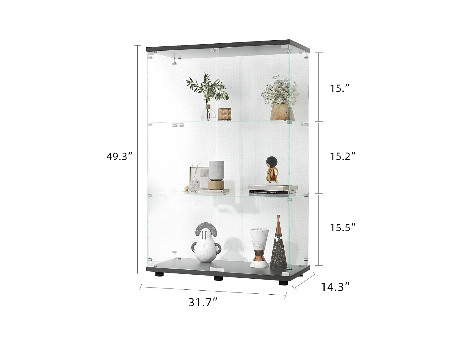 Moderne Glasvitrine, schwarzes Holz, 3 Ebenen, 2 Türen mit Schloss, 125x79x36,5 cm, gehärtetes Glas