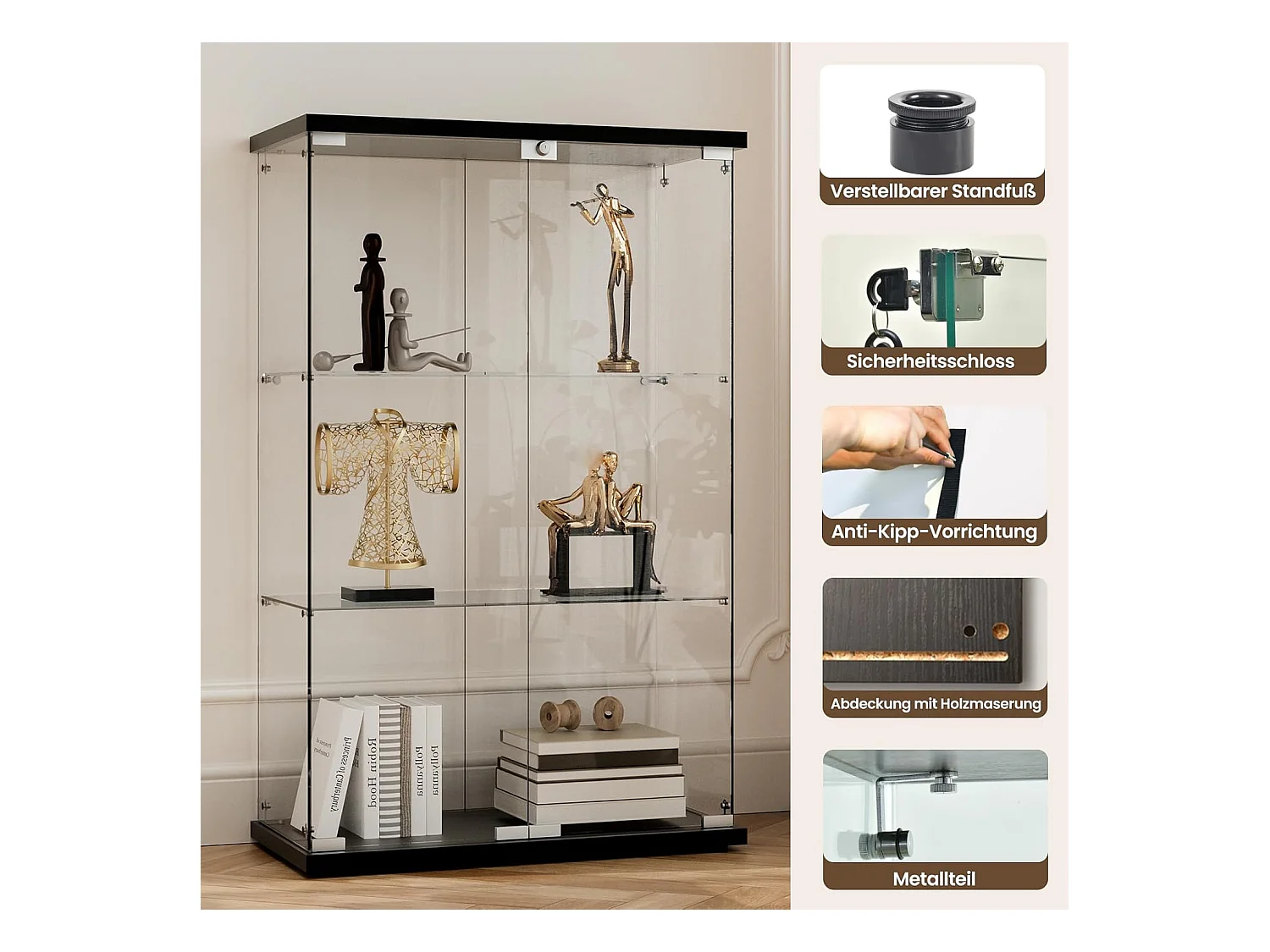 Moderne Glasvitrine, schwarzes Holz, 3 Ebenen, 2 Türen mit Schloss, 125x79x36,5 cm, gehärtetes Glas