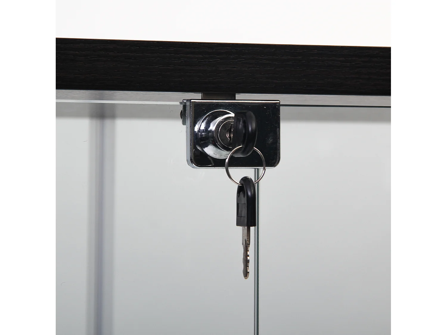 Moderne Glasvitrine, schwarzes Holz, 3 Ebenen, 2 Türen mit Schloss, 125x79x36,5 cm, gehärtetes Glas