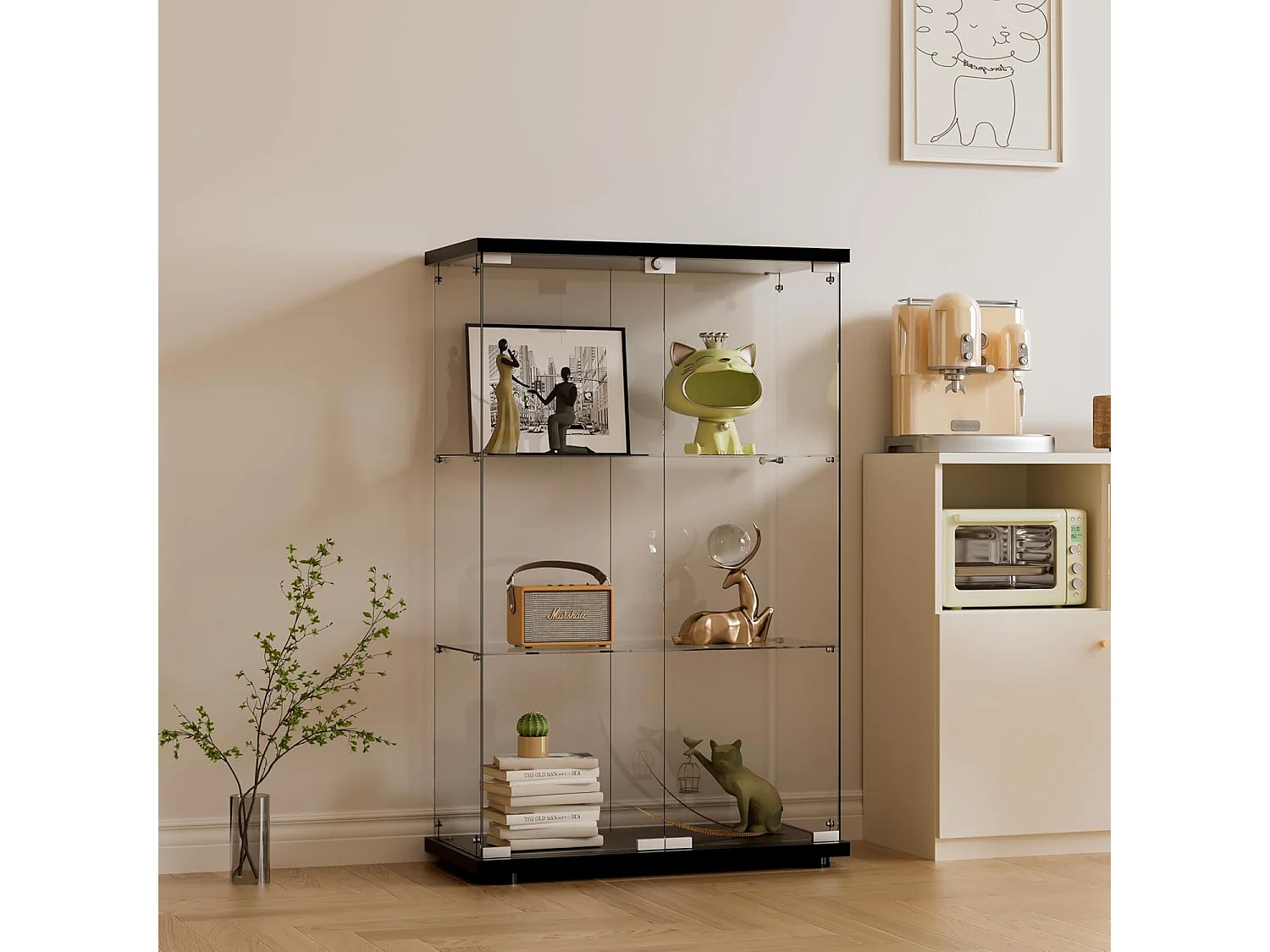 Moderne Glasvitrine, schwarzes Holz, 3 Ebenen, 2 Türen mit Schloss, 125x79x36,5 cm, gehärtetes Glas