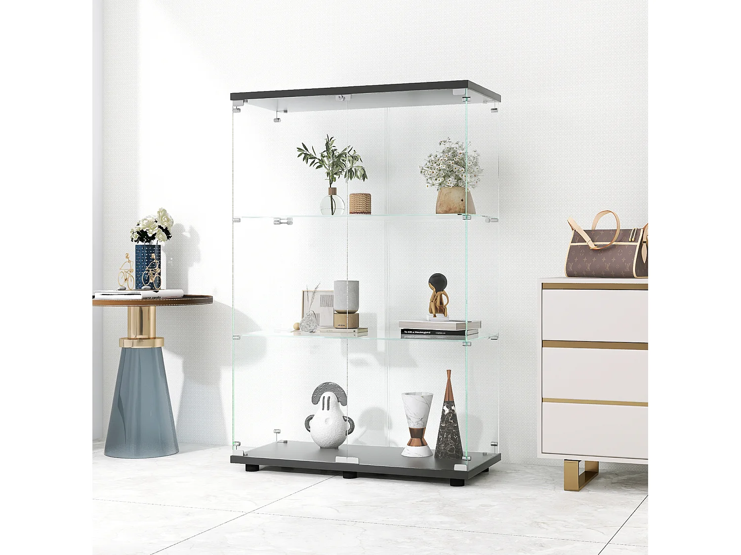 Vitrine en verre moderne, bois noir, 3 niveaux, 2 portes avec serrure, 125x79x36,5 cm, verre trempé