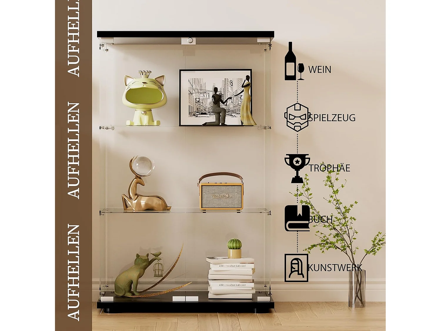 Vitrine en verre moderne, bois noir, 3 niveaux, 2 portes avec serrure, 125x79x36,5 cm, verre trempé