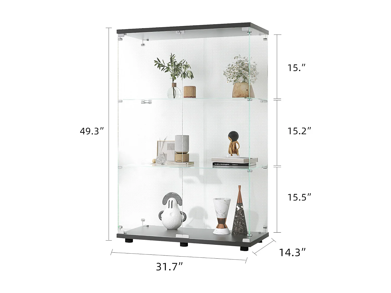 Vitrine en verre moderne, bois noir, 3 niveaux, 2 portes avec serrure, 125x79x36,5 cm, verre trempé