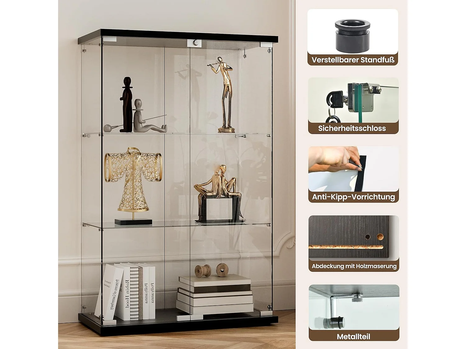 Vitrine en verre moderne, bois noir, 3 niveaux, 2 portes avec serrure, 125x79x36,5 cm, verre trempé