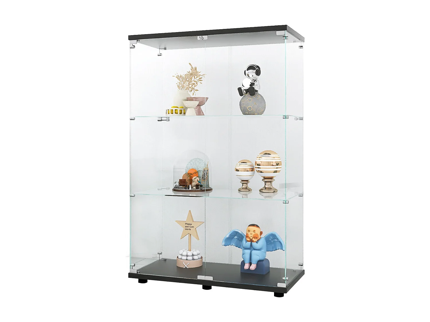 Vitrine en verre moderne, bois noir, 3 niveaux, 2 portes avec serrure, 125x79x36,5 cm, verre trempé