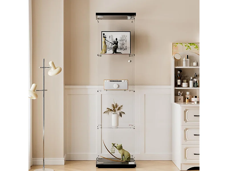 Vitrina de cristal con 4 estantes y 1 puerta, 164x42x36 cm, mueble de colección, color negro, transparente