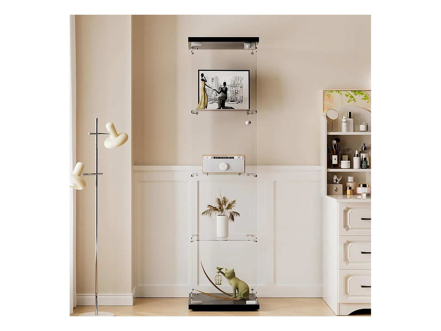 Vitrine en verre 4 étagères, 1 porte, 164x42x36 cm, meuble pour collection, noir, transparent