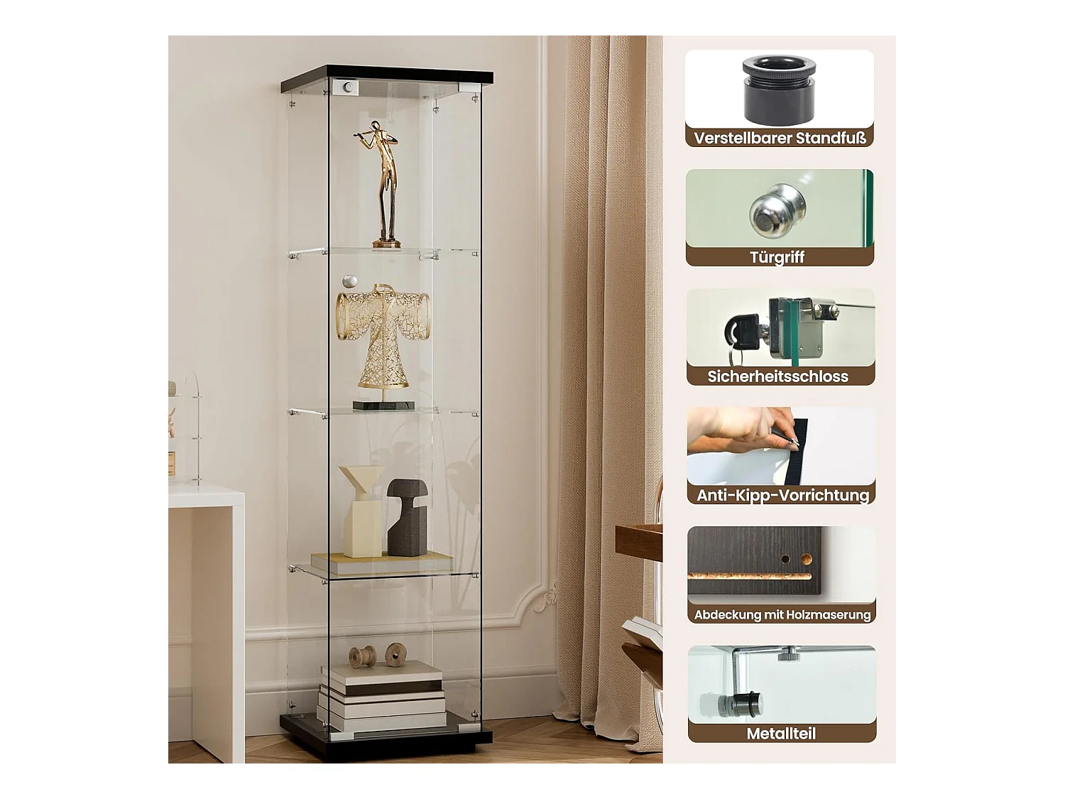 Vitrine en verre 4 étagères, 1 porte, 164x42x36 cm, meuble pour collection, noir, transparent