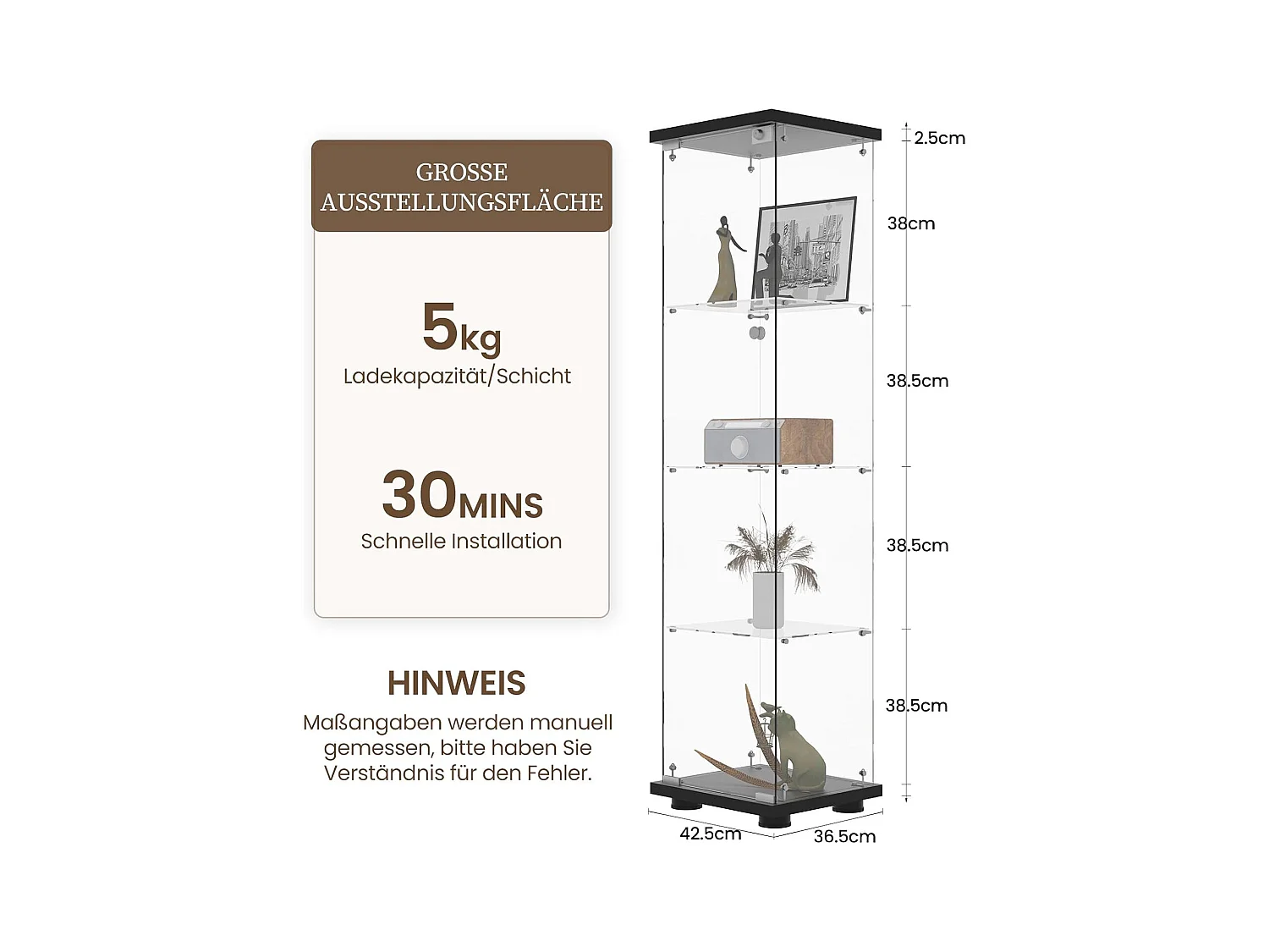 Vitrine en verre 4 étagères, 1 porte, 164x42x36 cm, meuble pour collection, noir, transparent
