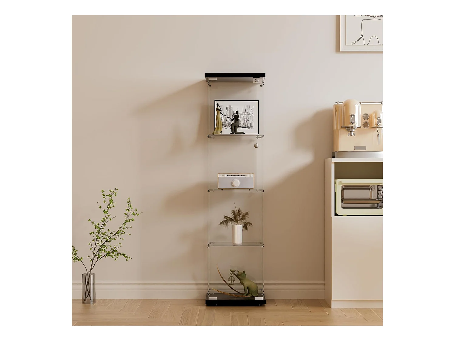 Vitrine en verre 4 étagères, 1 porte, 164x42x36 cm, meuble pour collection, noir, transparent