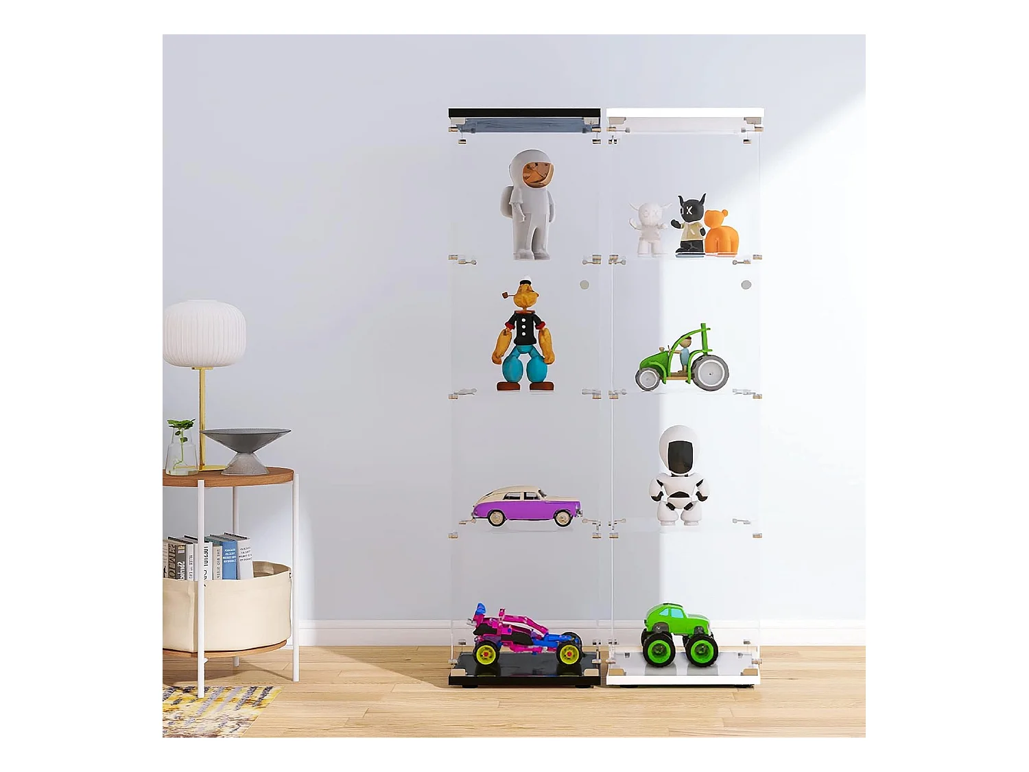 Vitrine en verre 4 étagères, 1 porte, 164x42x36 cm, meuble pour collection, noir, transparent