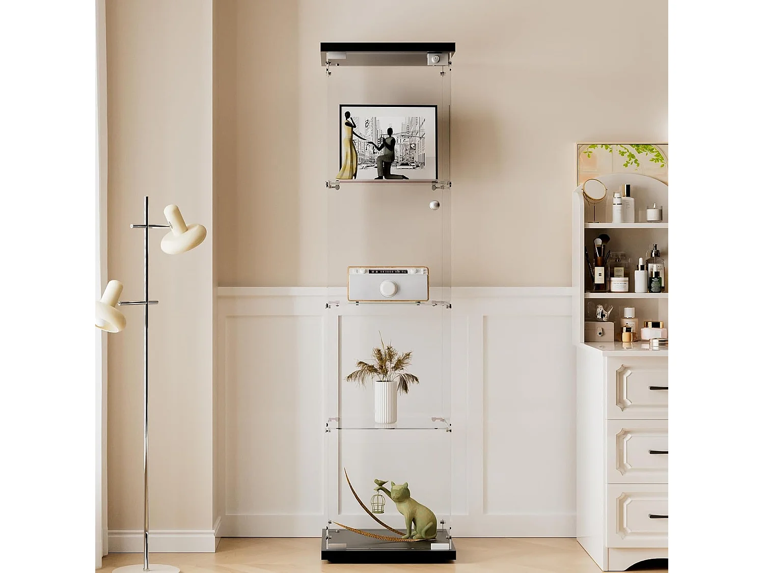 Vitrine en verre 4 étagères, 1 porte, 164x42x36 cm, meuble pour collection, noir, transparent