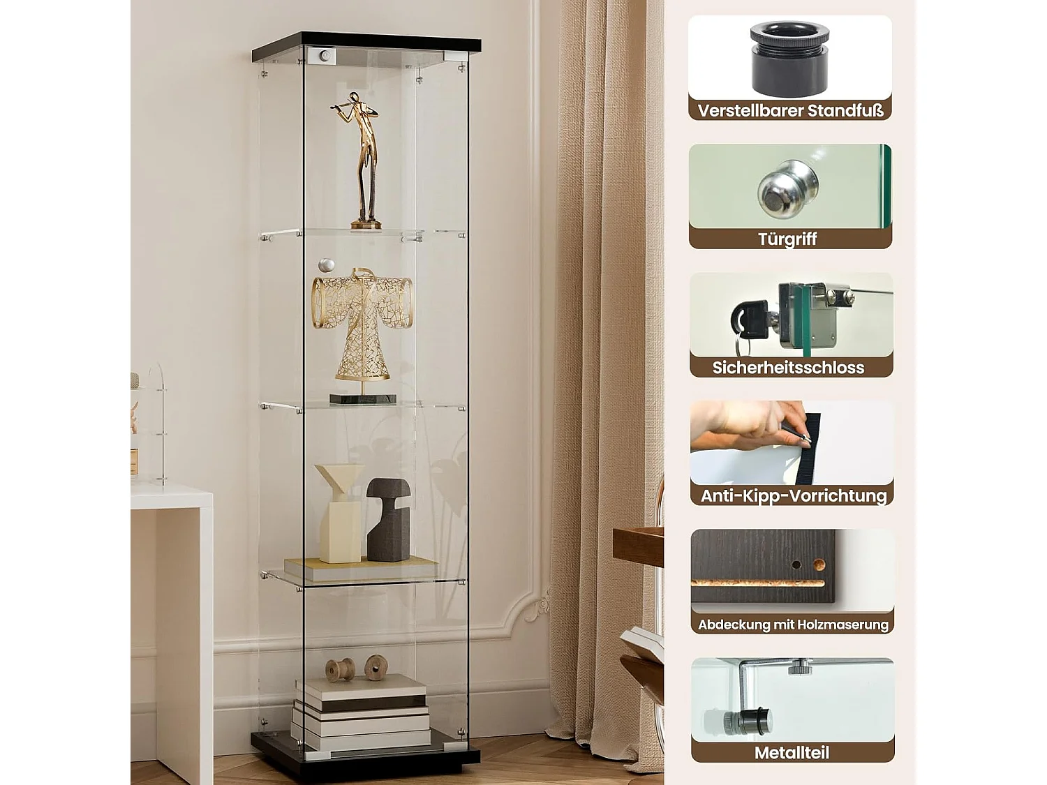 Vitrine en verre 4 étagères, 1 porte, 164x42x36 cm, meuble pour collection, noir, transparent