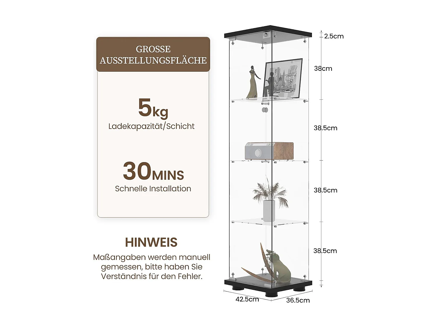 Vitrine en verre 4 étagères, 1 porte, 164x42x36 cm, meuble pour collection, noir, transparent