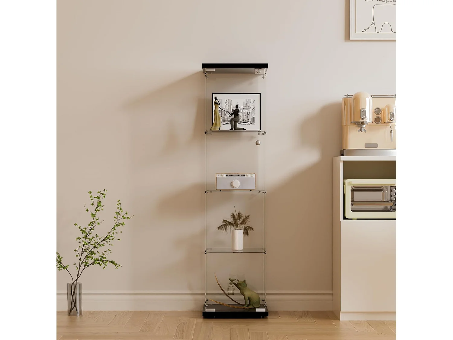 Vitrine en verre 4 étagères, 1 porte, 164x42x36 cm, meuble pour collection, noir, transparent
