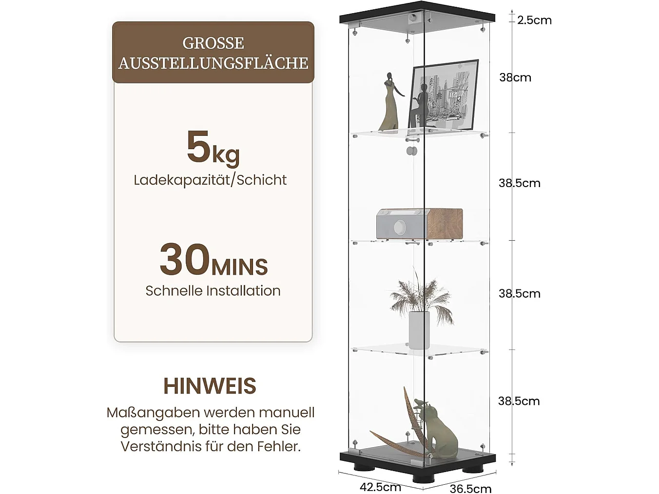 Vitrine en verre 4 étagères, 1 porte, 164x42x36 cm, meuble pour collection, noir, transparent
