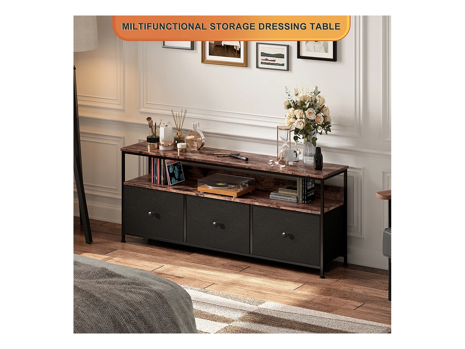 LED-TV-Schrank mit 3 Schubladen, 108 x 30 x 57 cm, Retro-TV-Bank, Sideboard, Schwarz