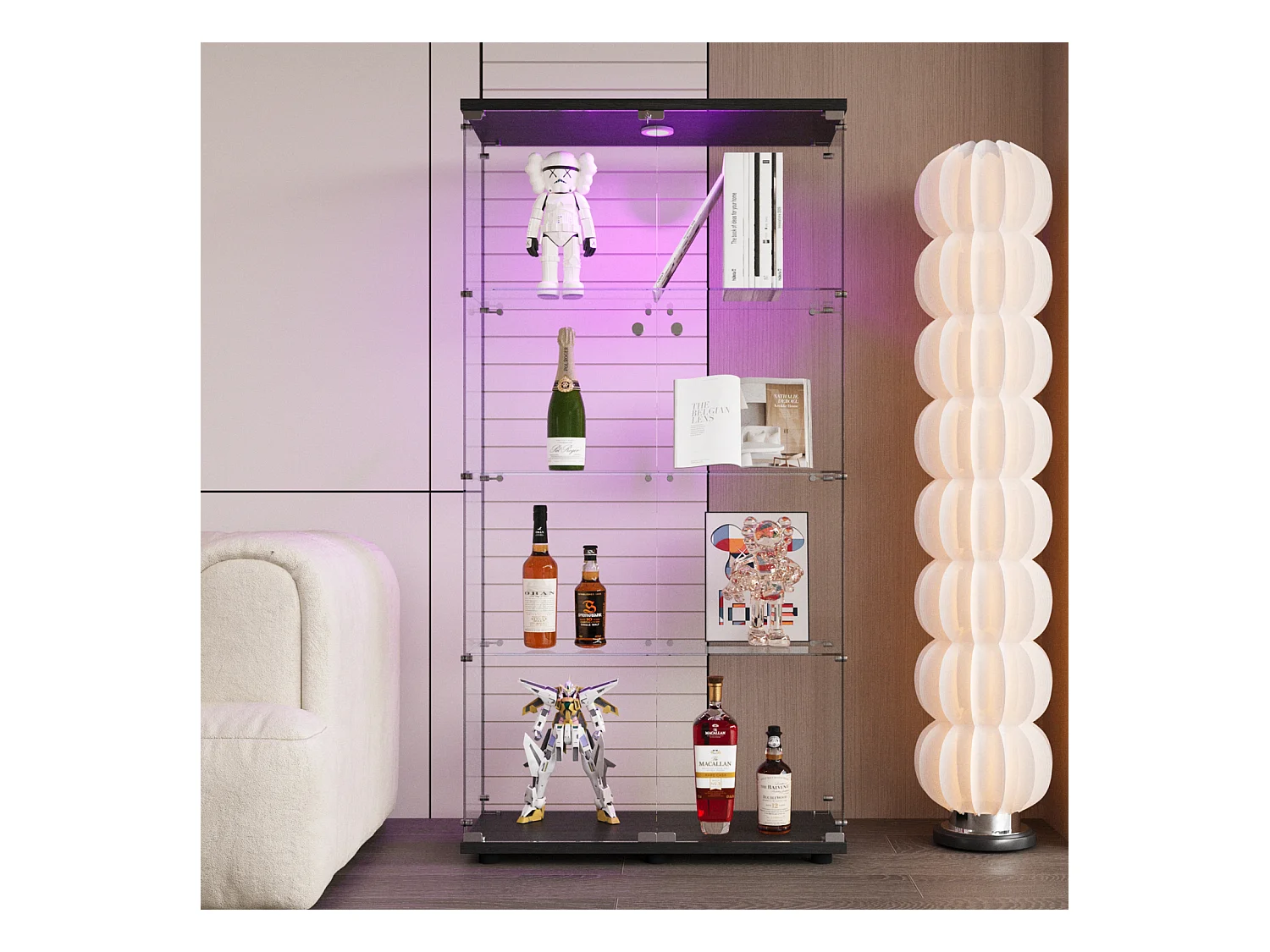 Vitrine en verre sur pied, LED, 2 portes avec serrure, 4 compartiments, pour collections et déco