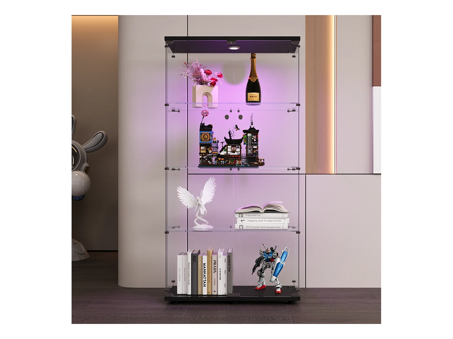 Vitrine en verre sur pied, LED, 2 portes avec serrure, 4 compartiments, pour collections et déco