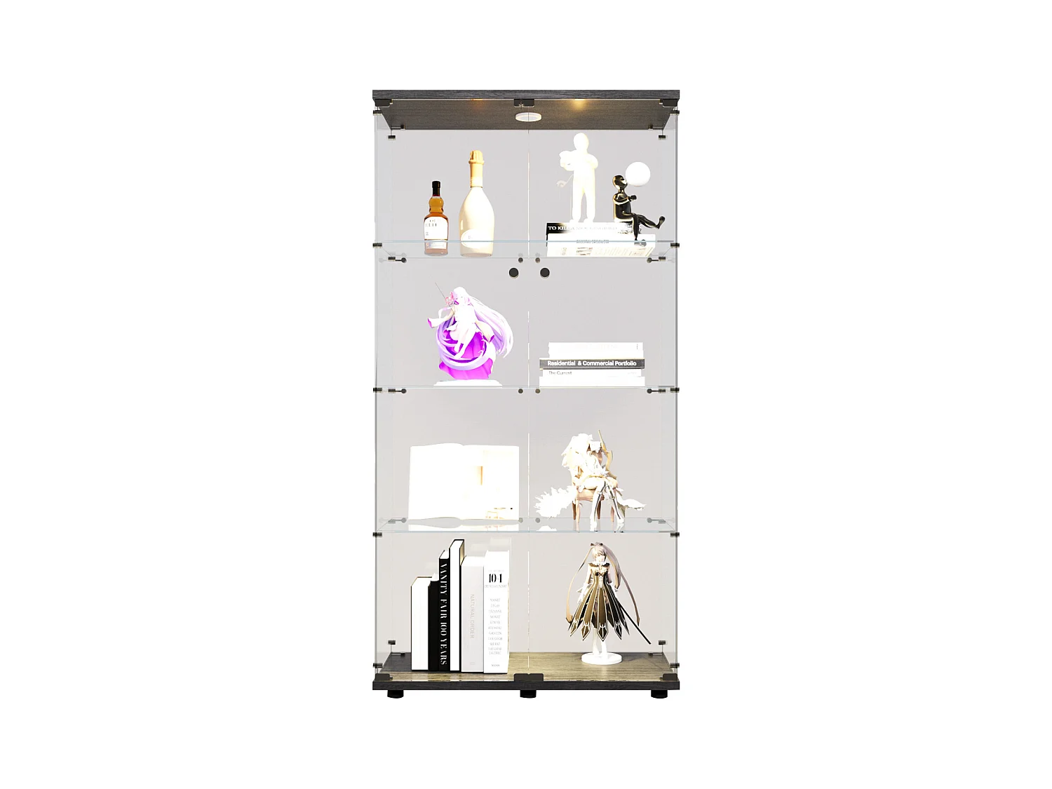 Vitrine en verre sur pied, LED, 2 portes avec serrure, 4 compartiments, pour collections et déco