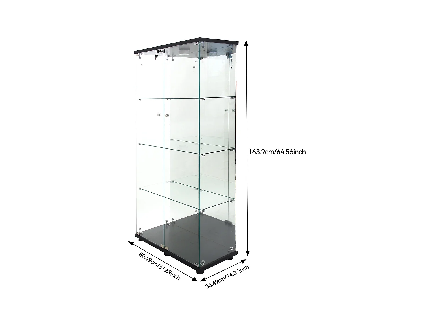 Vitrine en verre sur pied, LED, 2 portes avec serrure, 4 compartiments, pour collections et déco