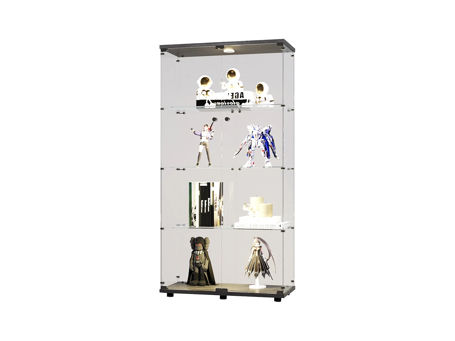 Vitrine en verre sur pied, LED, 2 portes avec serrure, 4 compartiments, pour collections et déco