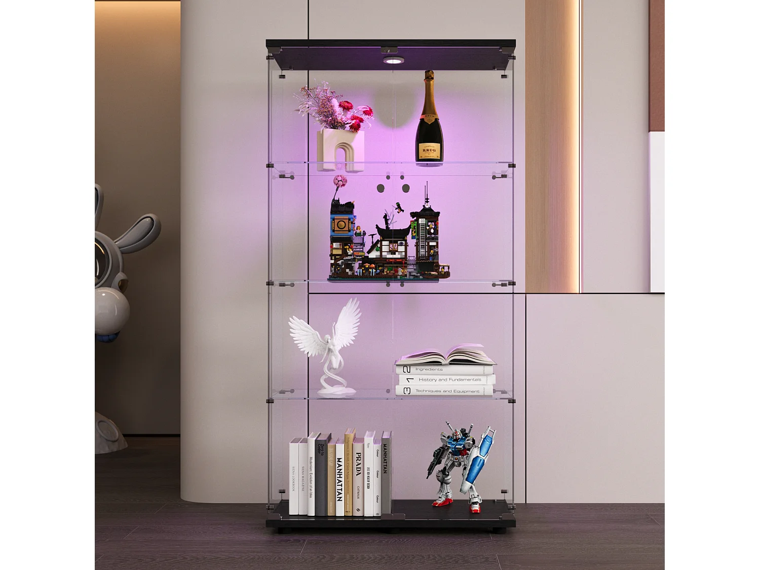 Vitrine de vidro sobre suporte, LED, 2 portas com fechadura, 4 compartimentos, para coleções e decoração