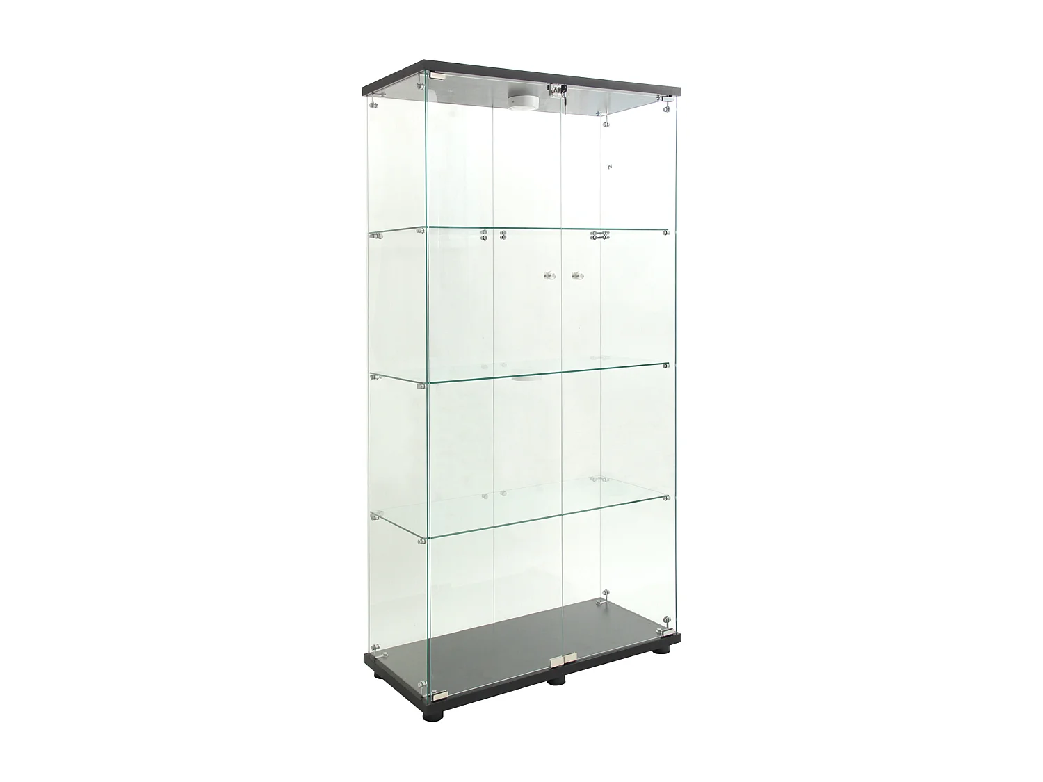 Vitrine de vidro sobre suporte, LED, 2 portas com fechadura, 4 compartimentos, para coleções e decoração