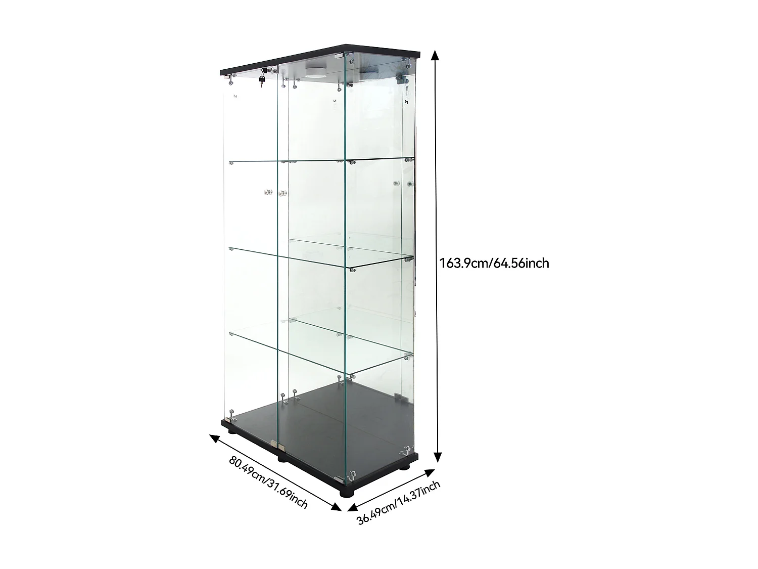Vitrine en verre sur pied, LED, 2 portes avec serrure, 4 compartiments, pour collections et déco