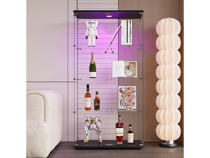Vitrine en verre sur pied, LED, 2 portes avec serrure, 4 compartiments, pour collections et déco