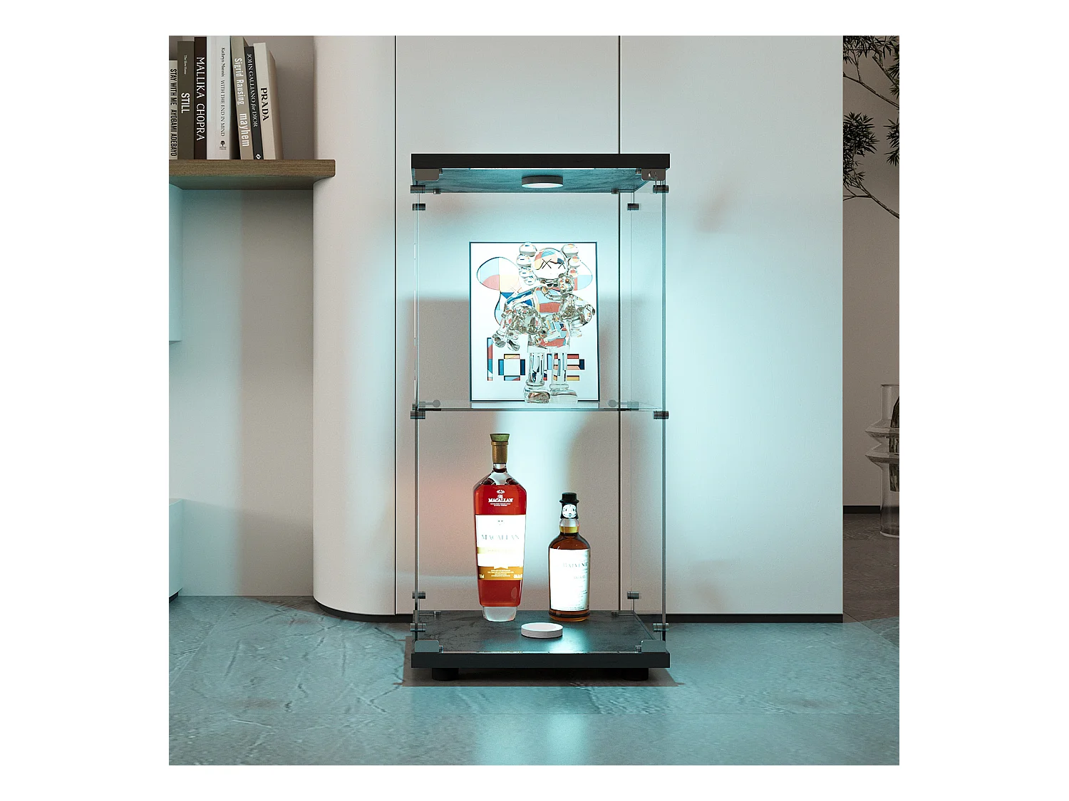 Vitrine en Verre 2 étagères, Meuble Vitrine Verre avec LED et Portes, 86x40x36 cm, Noir
