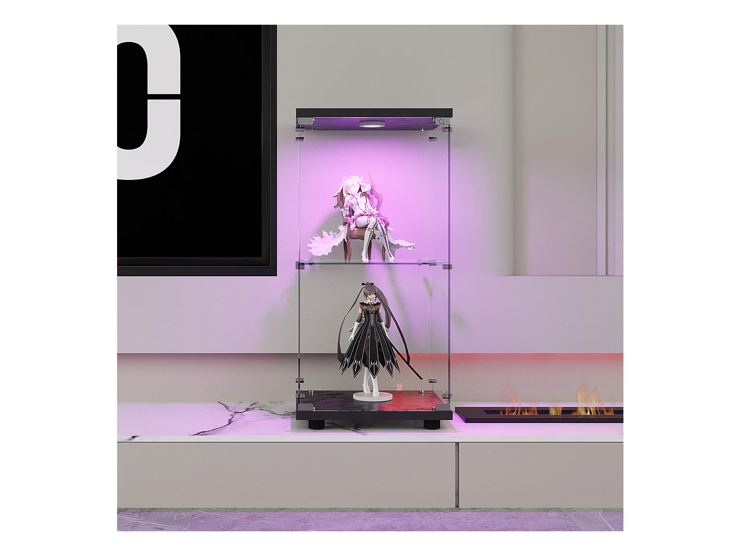 Vitrine en Verre 2 étagères, Meuble Vitrine Verre avec LED et Portes, 86x40x36 cm, Noir