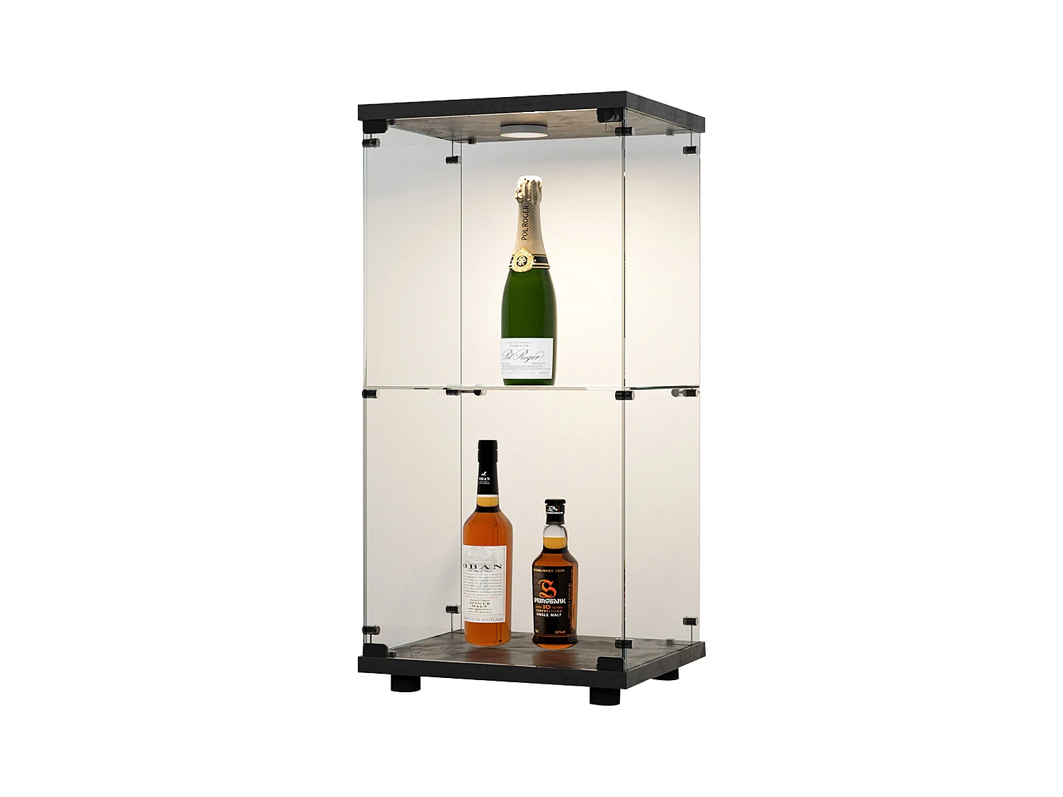 Vitrine en Verre 2 étagères, Meuble Vitrine Verre avec LED et Portes, 86x40x36 cm, Noir