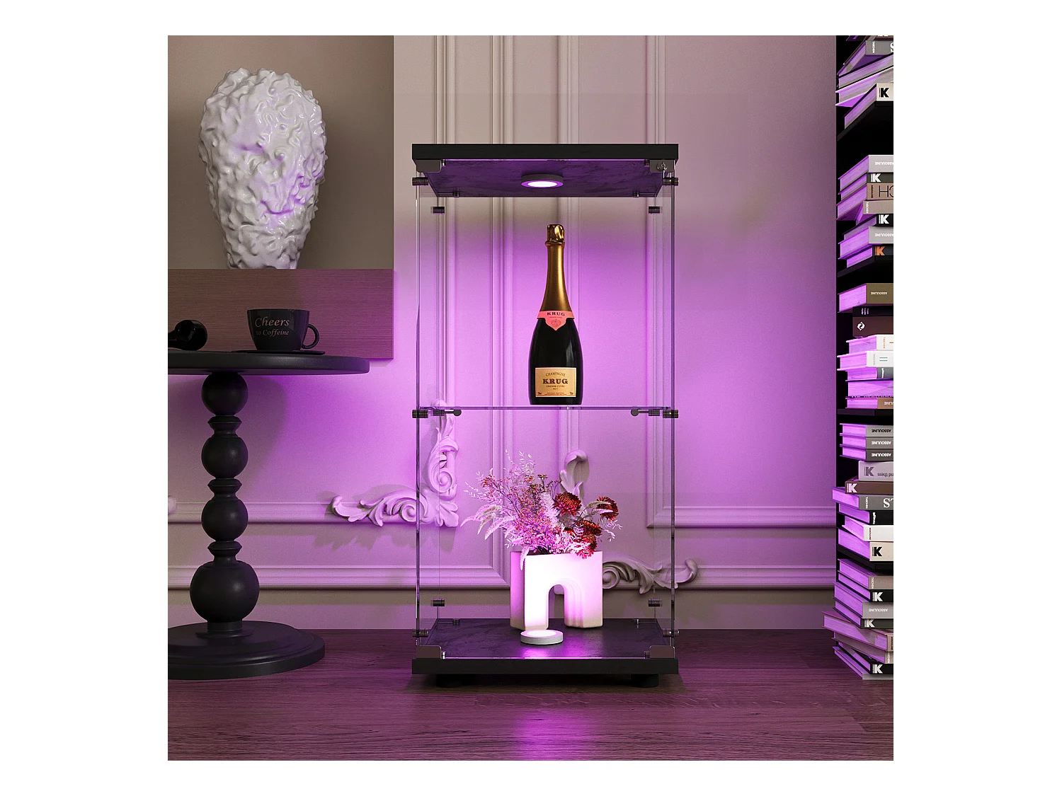 Vitrine en Verre 2 étagères, Meuble Vitrine Verre avec LED et Portes, 86x40x36 cm, Noir