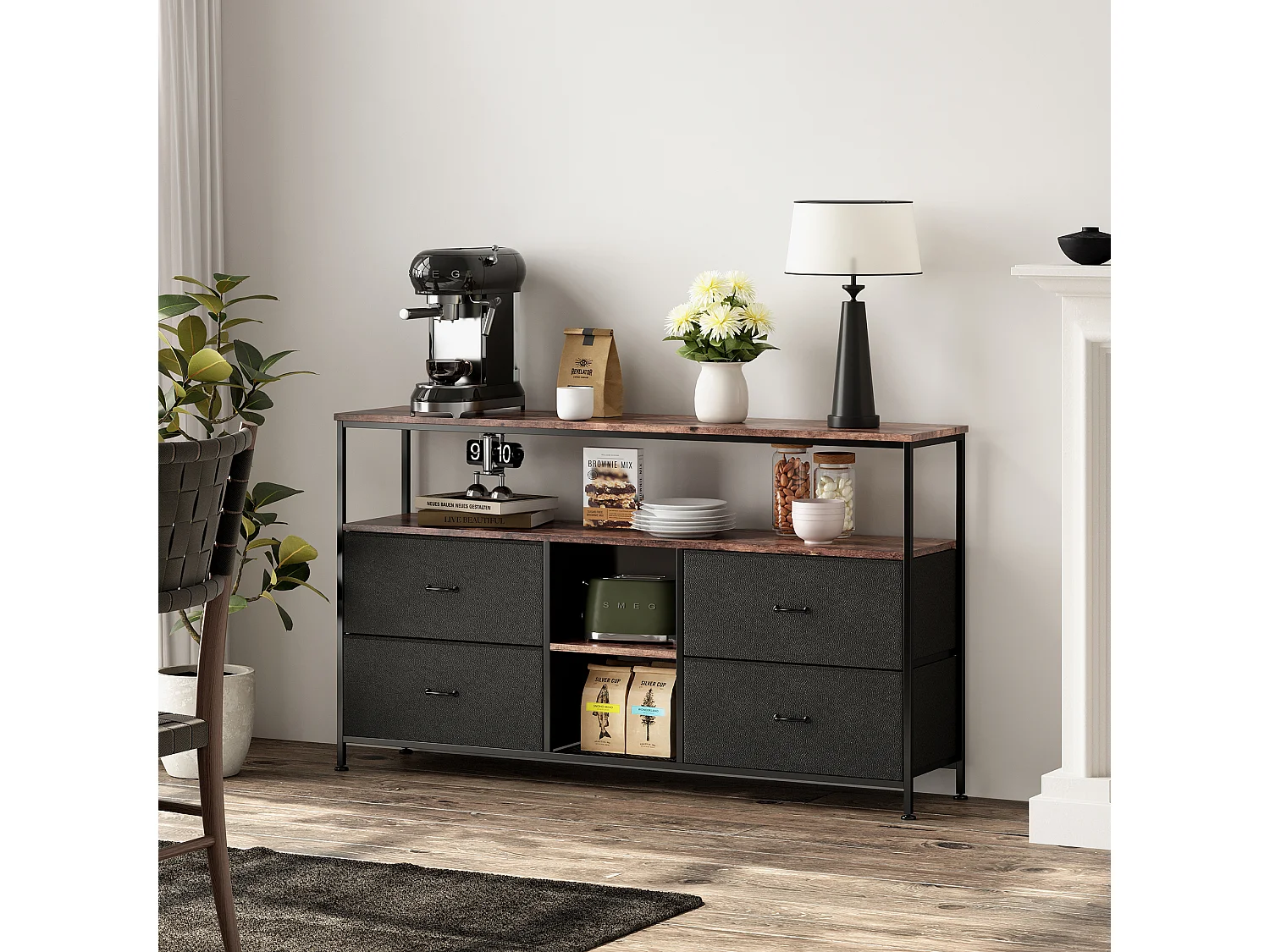 Meuble TV LED avec 4 Tiroirs, 137x30x78cm Banc TV Rétro Buffet, Noir