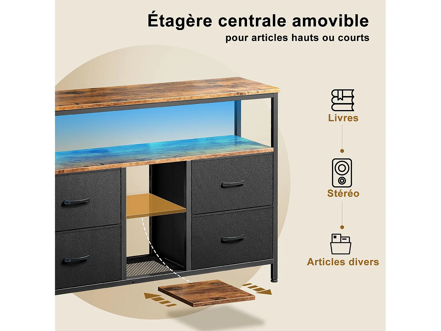 Meuble TV LED avec 4 Tiroirs, 137x30x78cm Banc TV Rétro Buffet, Noir