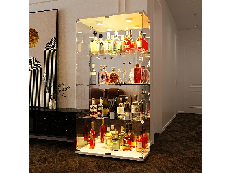 Vitrine en verre avec 4 étagères, vitrine à 2 portes avec lumière et serrure, blanc