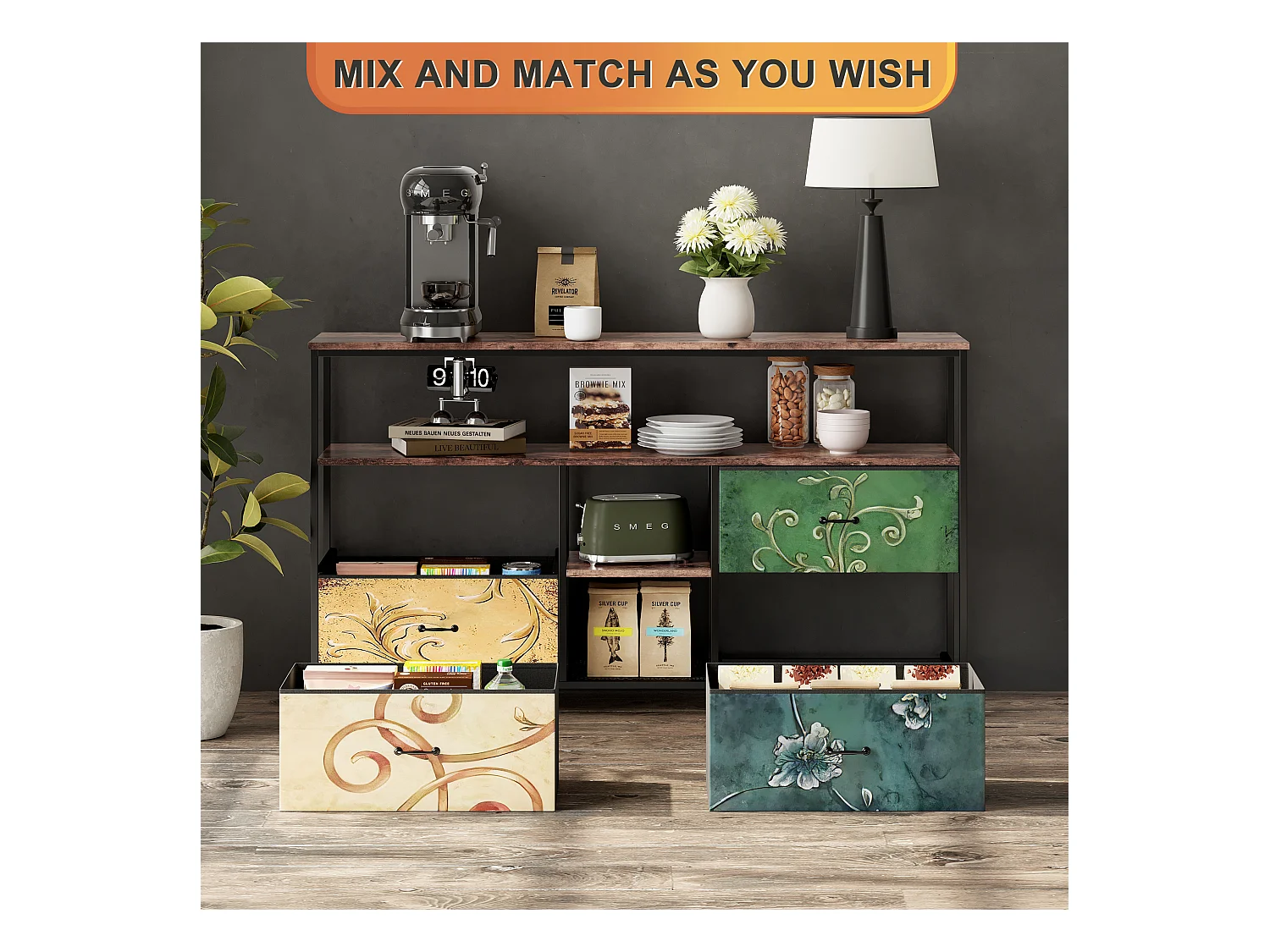 Meuble TV LED avec 4 Tiroirs, 108x30x78cm Banc TV Rétro Buffet, Tiroirs colorés