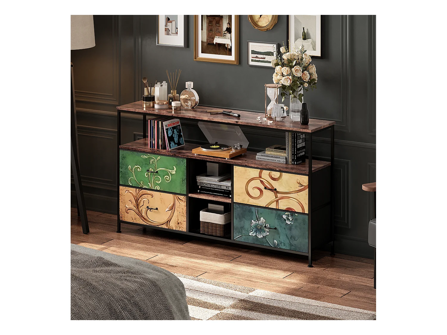 Mueble de TV LED con 4 cajones, 108 x 30 x 78 cm, aparador retro con cajones de colores