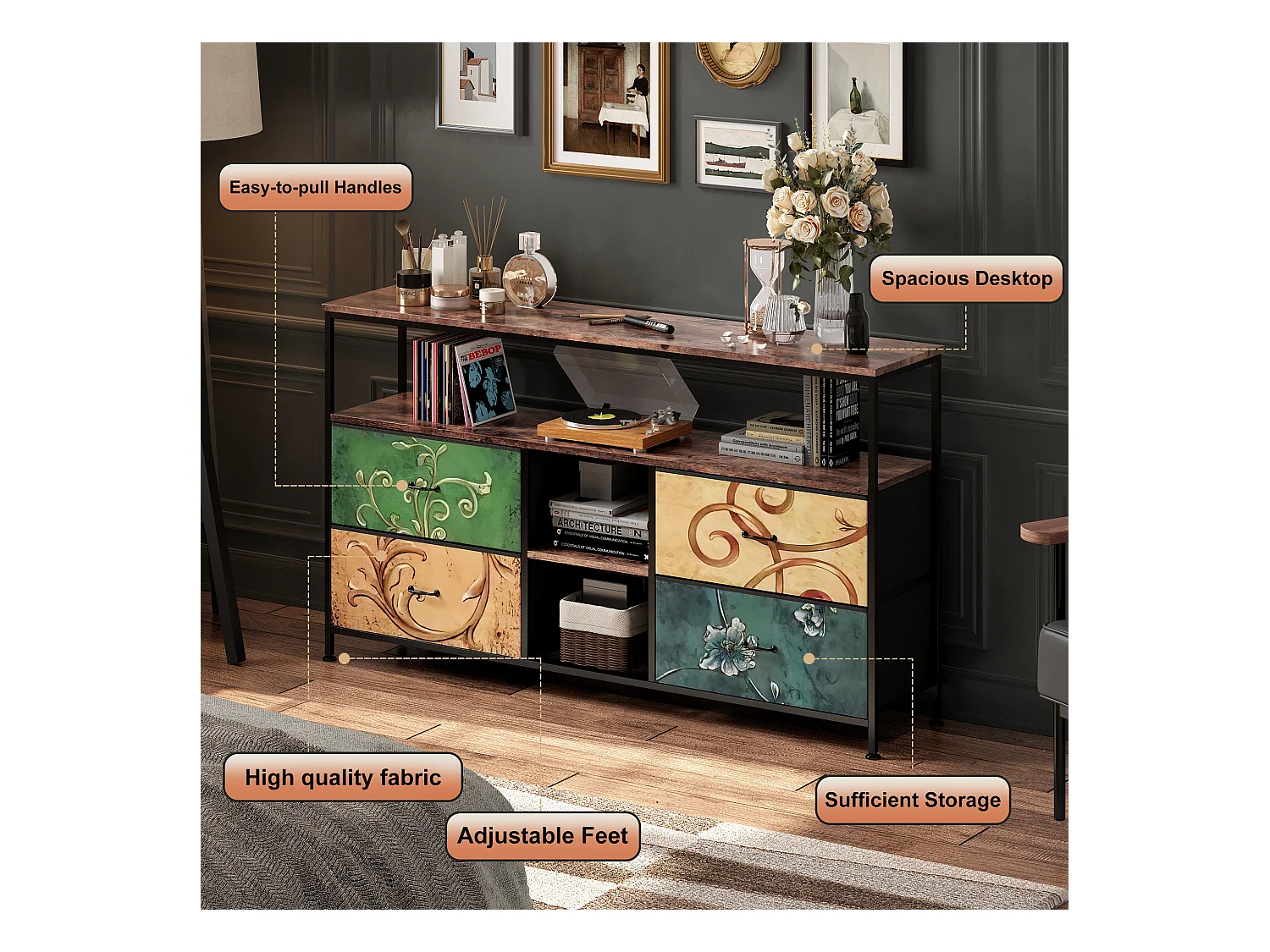 Mueble de TV LED con 4 cajones, 108 x 30 x 78 cm, aparador retro con cajones de colores