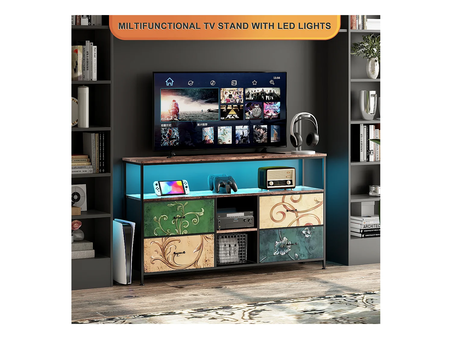 Mueble de TV LED con 4 cajones, 108 x 30 x 78 cm, aparador retro con cajones de colores