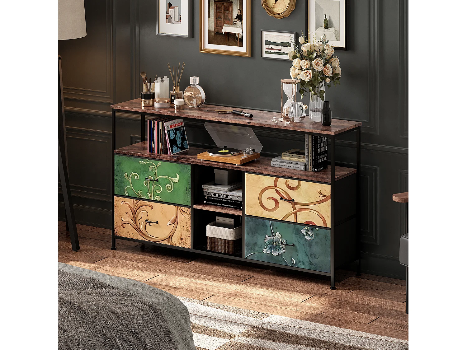 LED-TV-Schrank mit 4 Schubladen, 108 x 30 x 78 cm, Retro-TV-Bank-Sideboard, farbige Schubladen