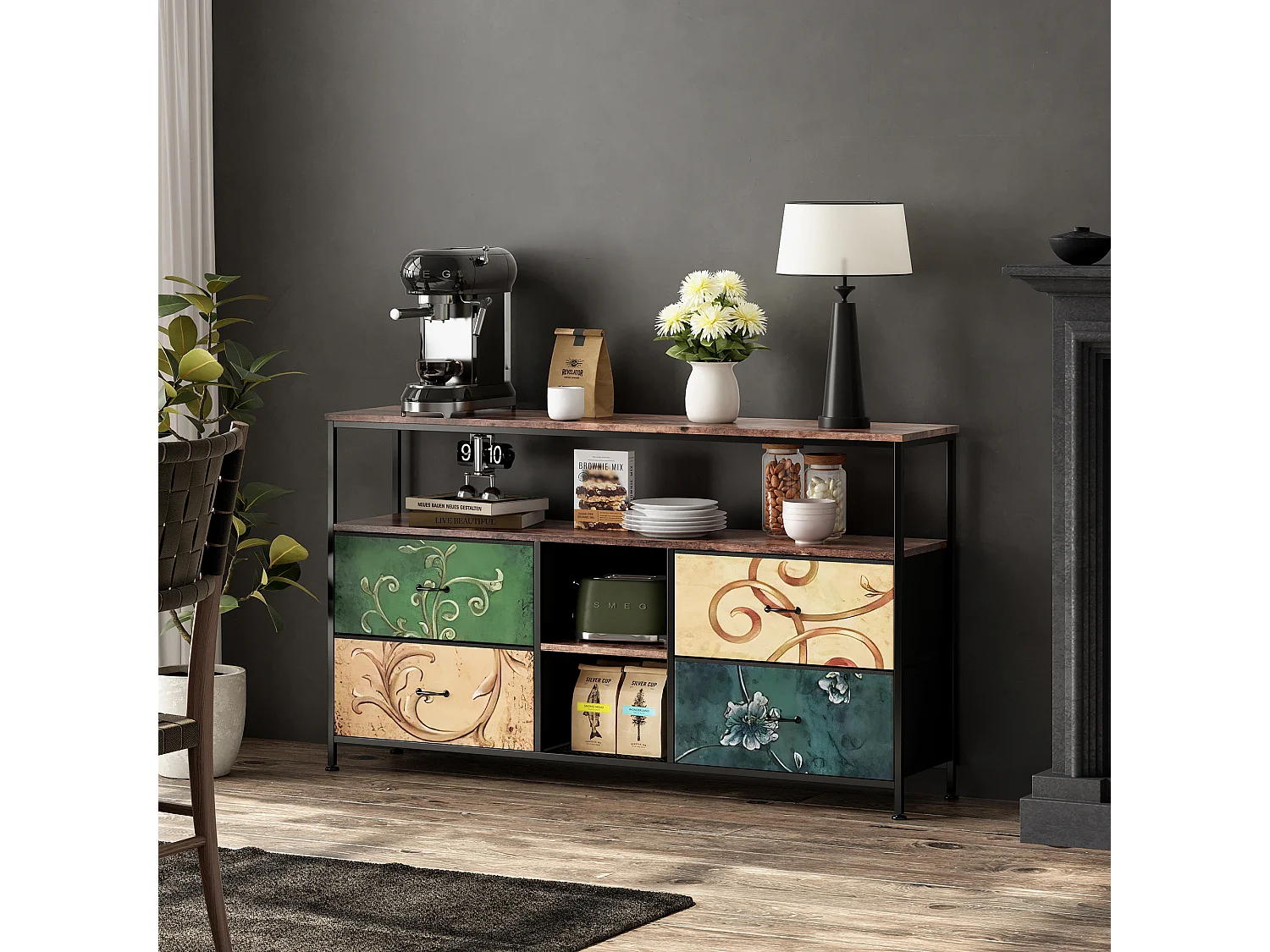 LED-TV-Schrank mit 4 Schubladen, 108 x 30 x 78 cm, Retro-TV-Bank-Sideboard, farbige Schubladen