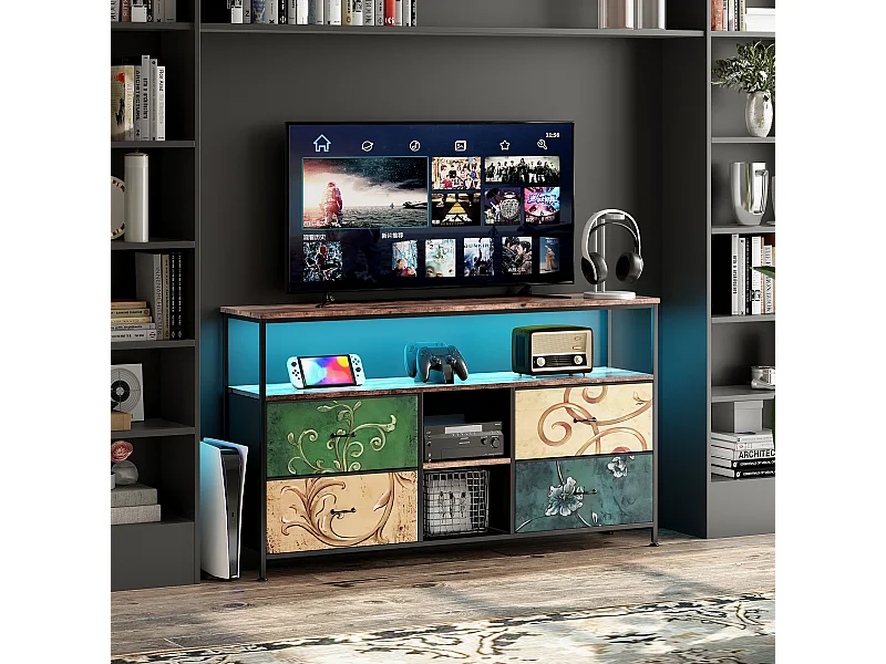 Meuble TV LED avec 4 Tiroirs, 108x30x78cm Banc TV Rétro Buffet, Tiroirs colorés