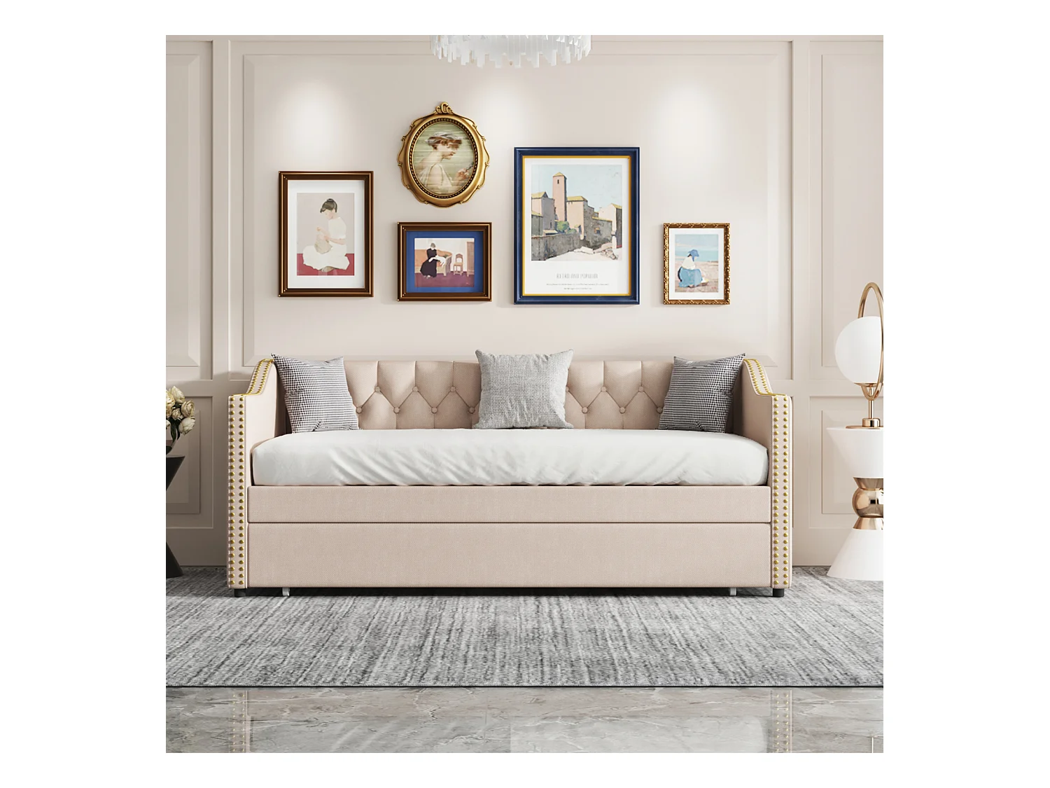 lit gigogne 90x200cm, canapé-lit, lit banquette 2 places, sommiers à lattes, Beige