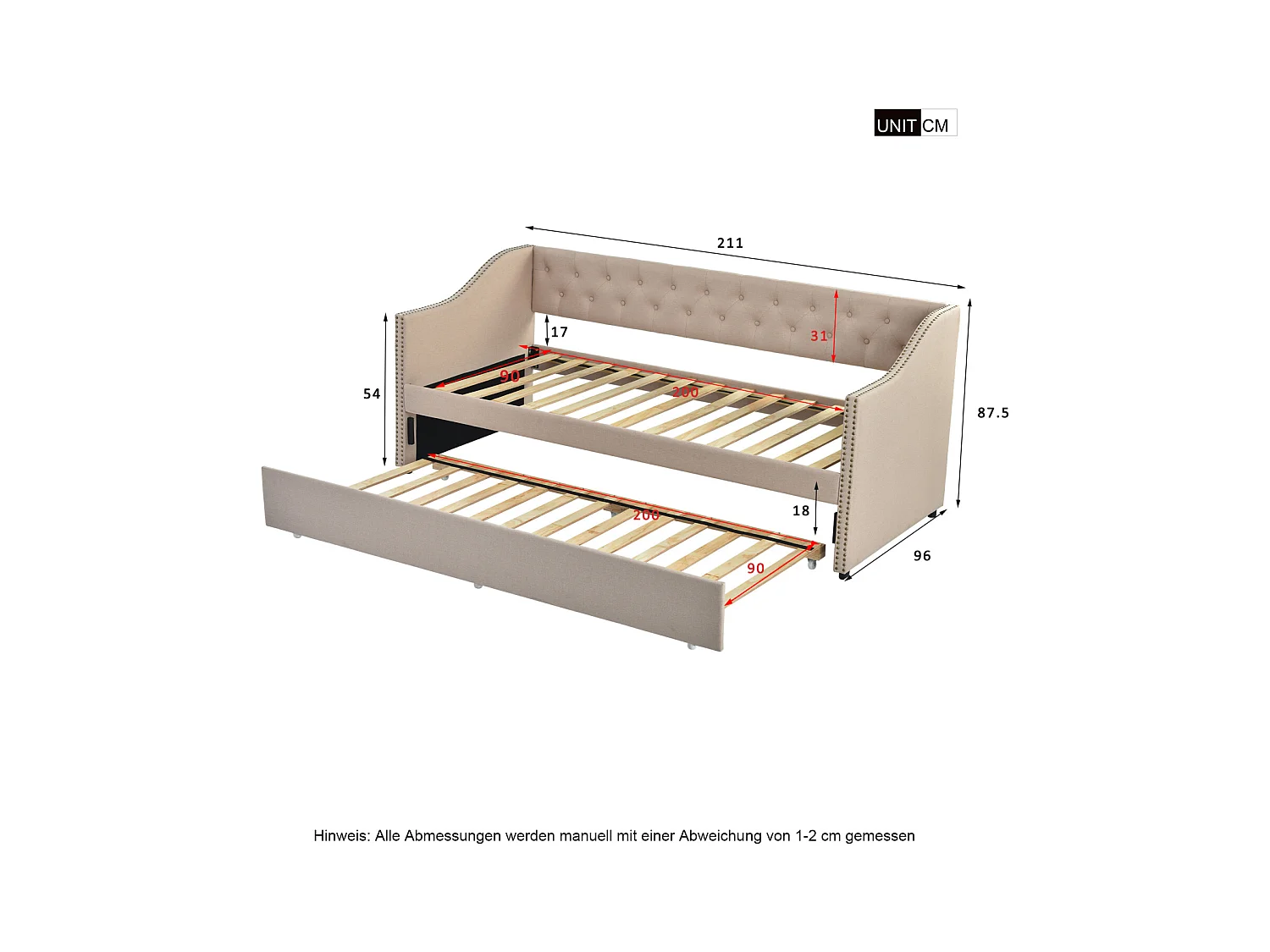 lit gigogne 90x200cm, canapé-lit, lit banquette 2 places, sommiers à lattes, Beige