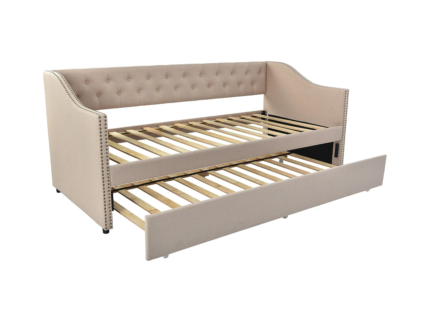 lit gigogne 90x200cm, canapé-lit, lit banquette 2 places, sommiers à lattes, Beige