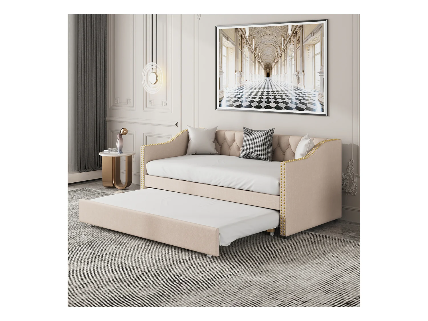 lit gigogne 90x200cm, canapé-lit, lit banquette 2 places, sommiers à lattes, Beige