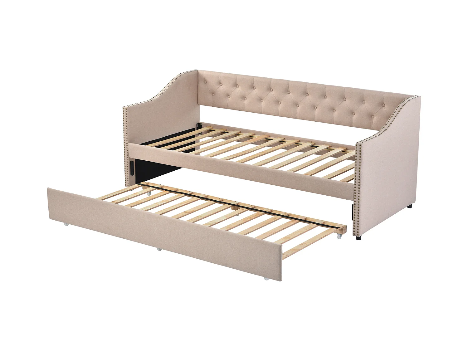 lit gigogne 90x200cm, canapé-lit, lit banquette 2 places, sommiers à lattes, Beige