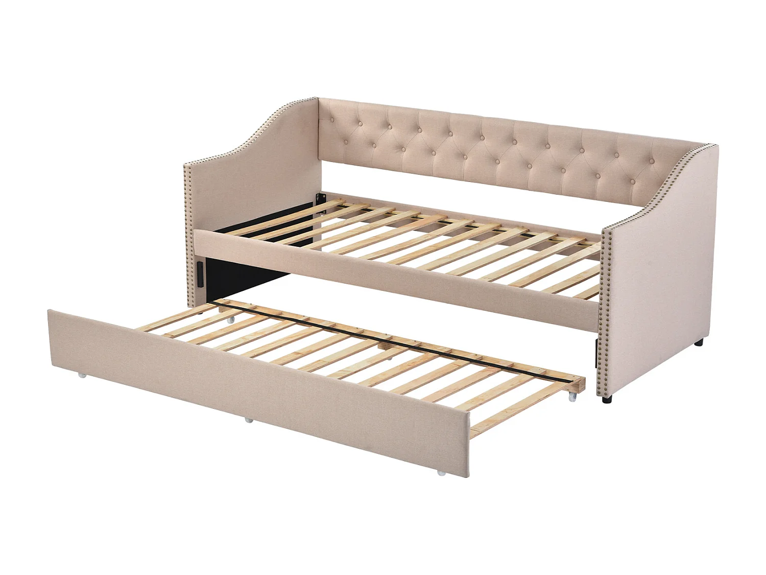 lit gigogne 90x200cm, canapé-lit, lit banquette 2 places, sommiers à lattes, Beige